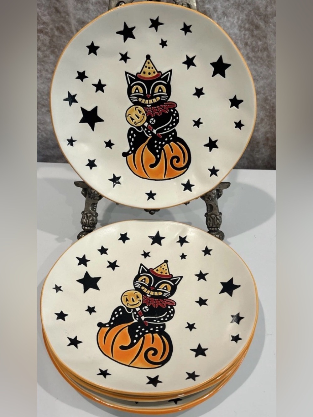 ELI + ANA Set/4 Moxy Vintage Cat 8.5” Ceramic Salad Plates Halloween
